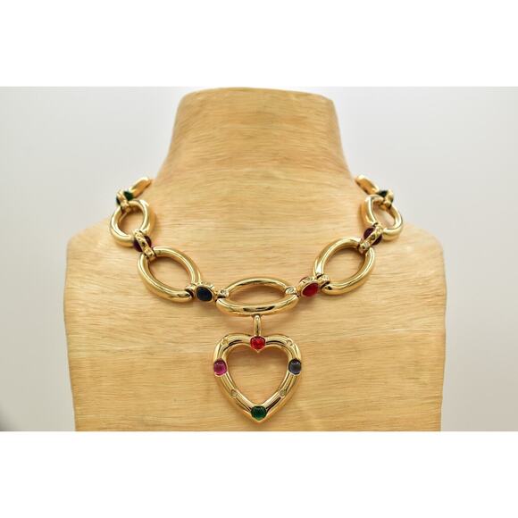 Givenchy Vintage Cabochon Heart Collar Necklace Crystal Chunky RARE Signed Bin7B - Picture 4 of 16